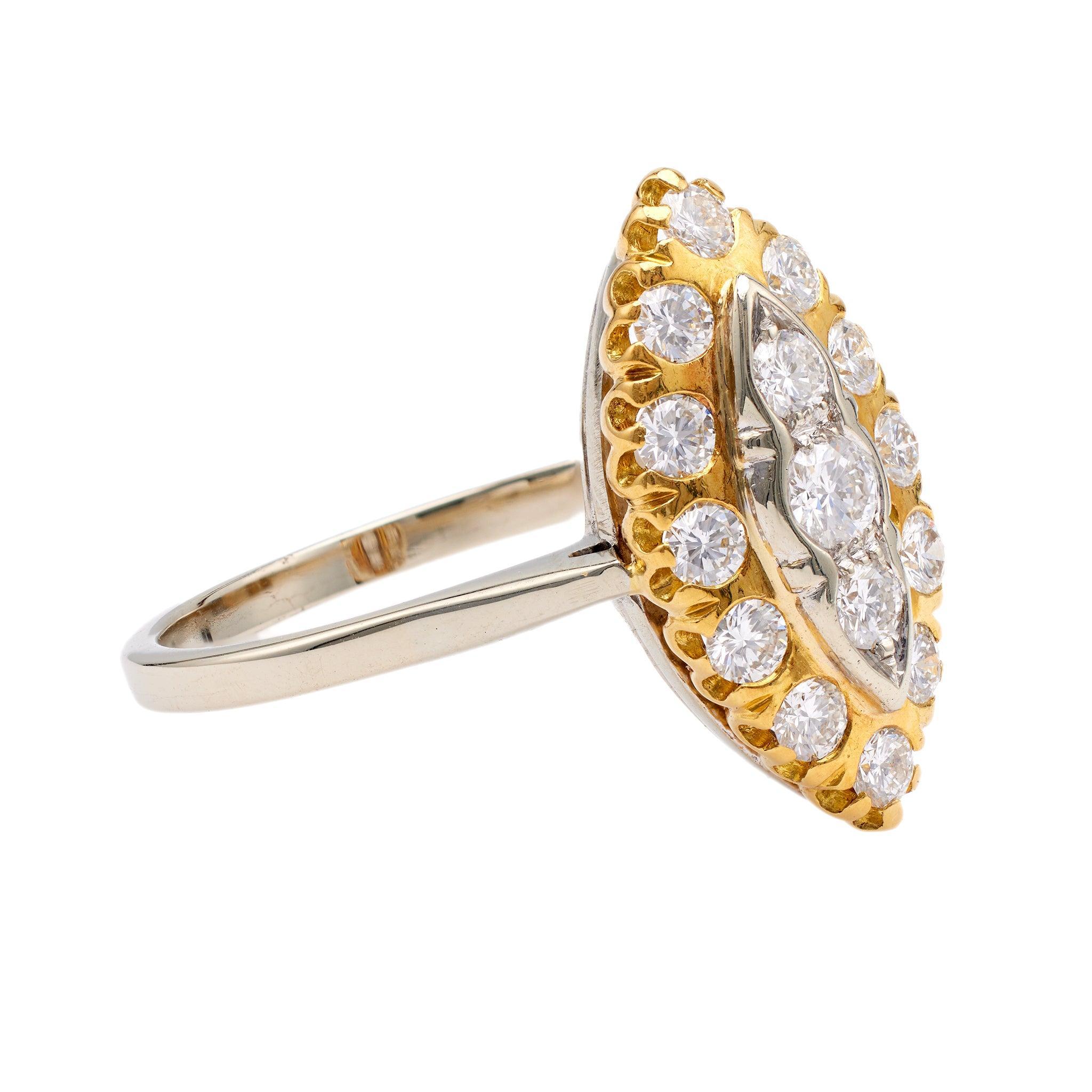 One Antique Inspired French Diamond 18k Two Tone Navette Ring. Featuring 15 round brilliant cut diamonds with a total weight of approximately 0.95 carat, graded E-F color, VS clarity. Crafted in 18 karat white and yellow gold with French hallmark.