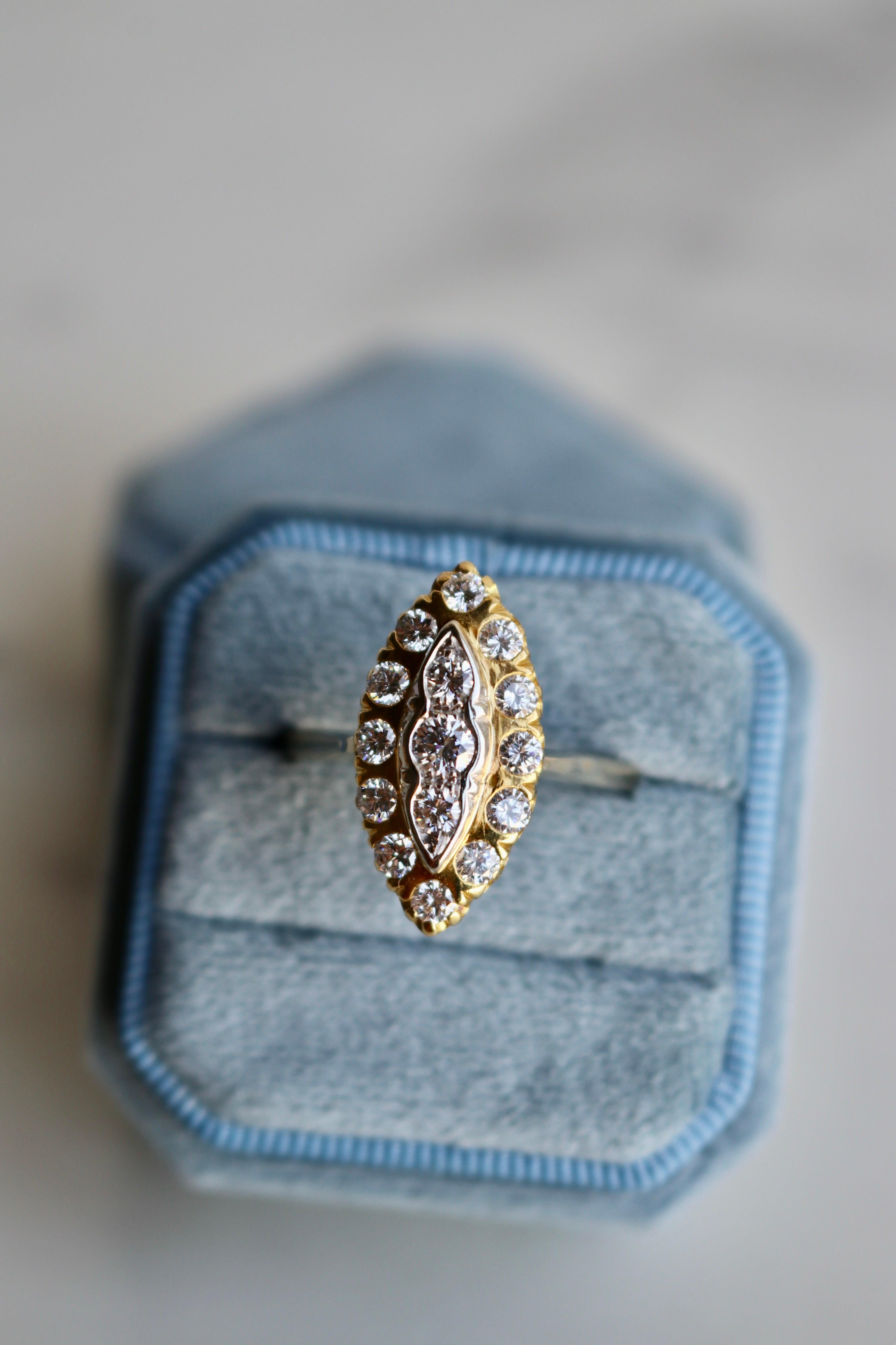 Brilliant Cut Antique Inspired French Diamond 18k Two Tone Navette Ring