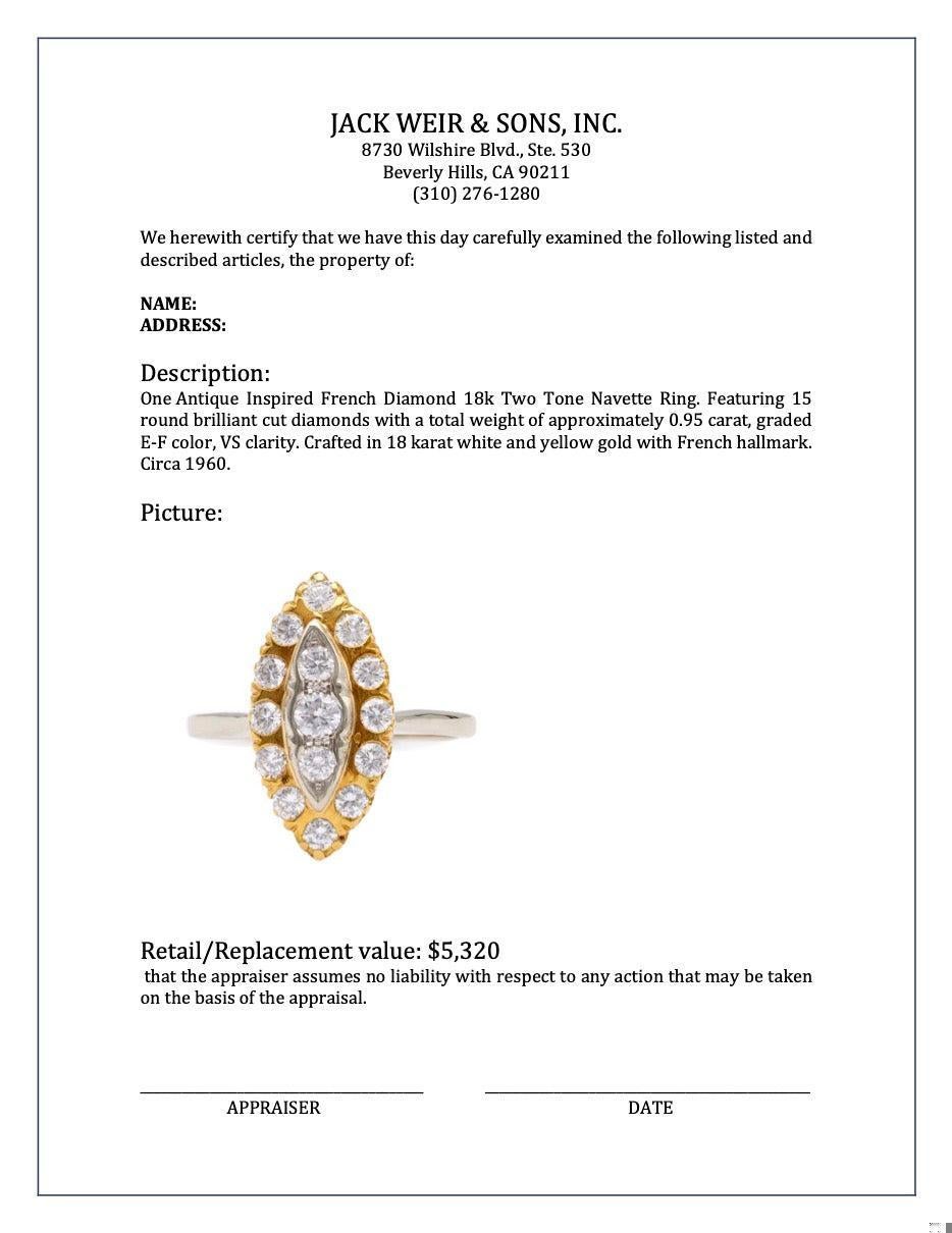 Antique Inspired French Diamond 18k Two Tone Navette Ring In Good Condition In Beverly Hills, CA