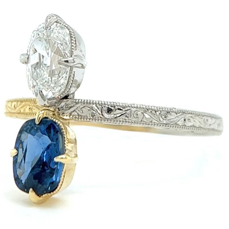 Women's or Men's Antique Inspired GIA 0.74 Carat Diamond Sapphire Two Tone Toi et Moi Ring