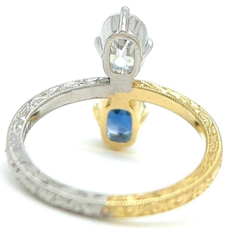 Antique Inspired GIA 0.74 Carat Diamond Sapphire Two Tone Toi et Moi Ring 1