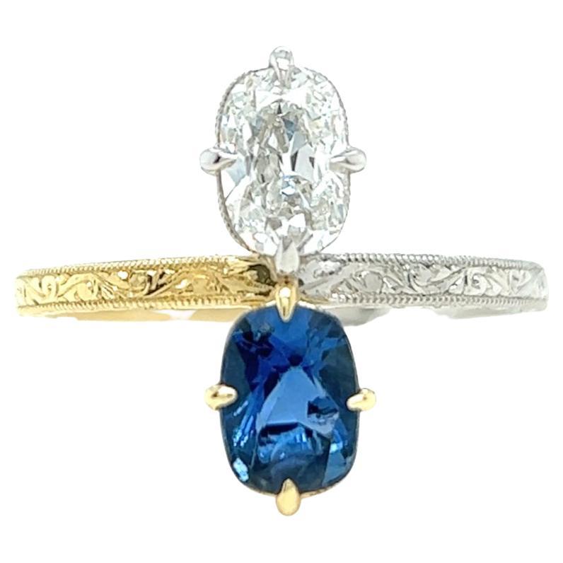 Antique Inspired GIA 0.74 Carat Diamond Sapphire Two Tone Toi et Moi Ring