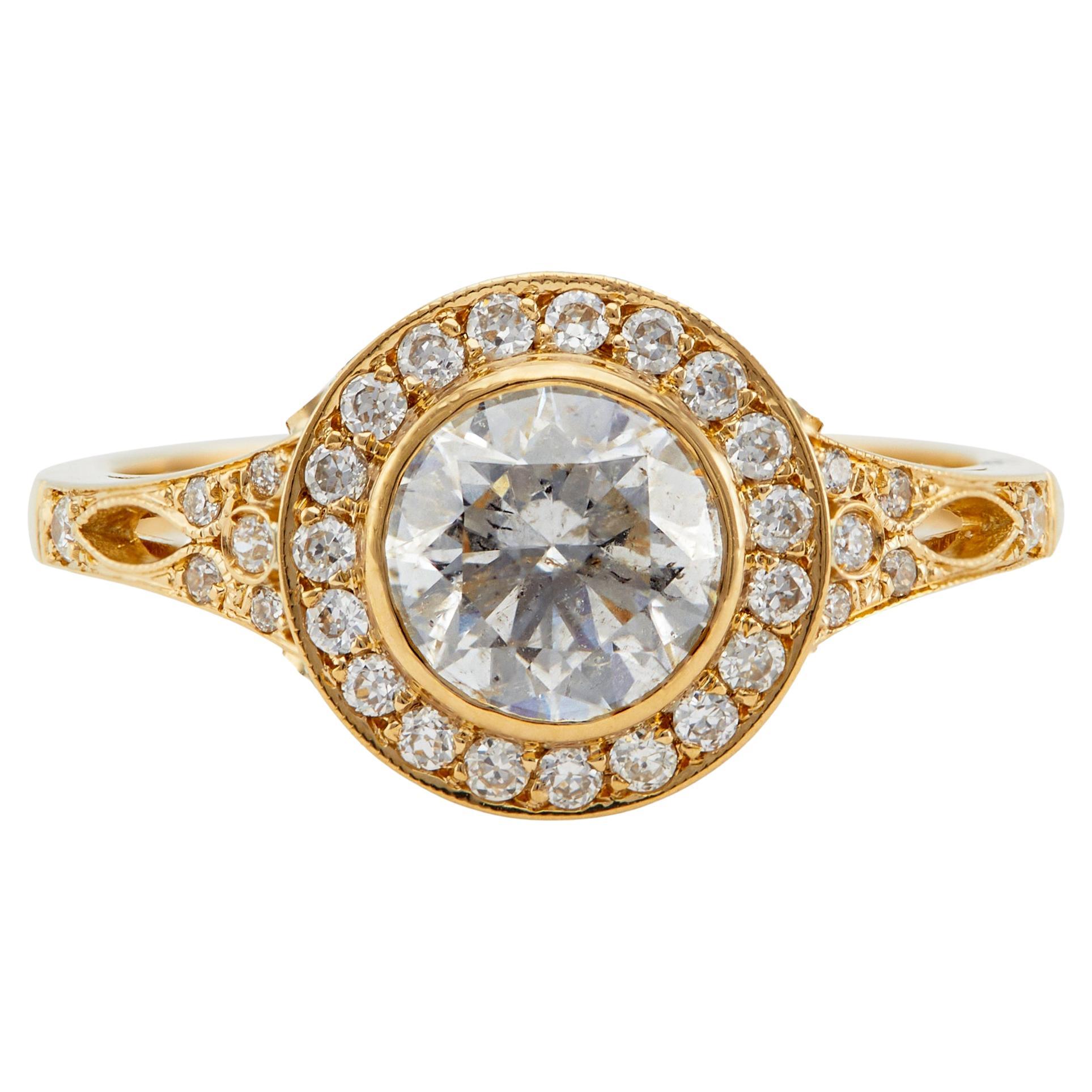 Antique Inspired GIA 1.01 Round Brilliant Cut Diamond 18k Yellow Gold Ring