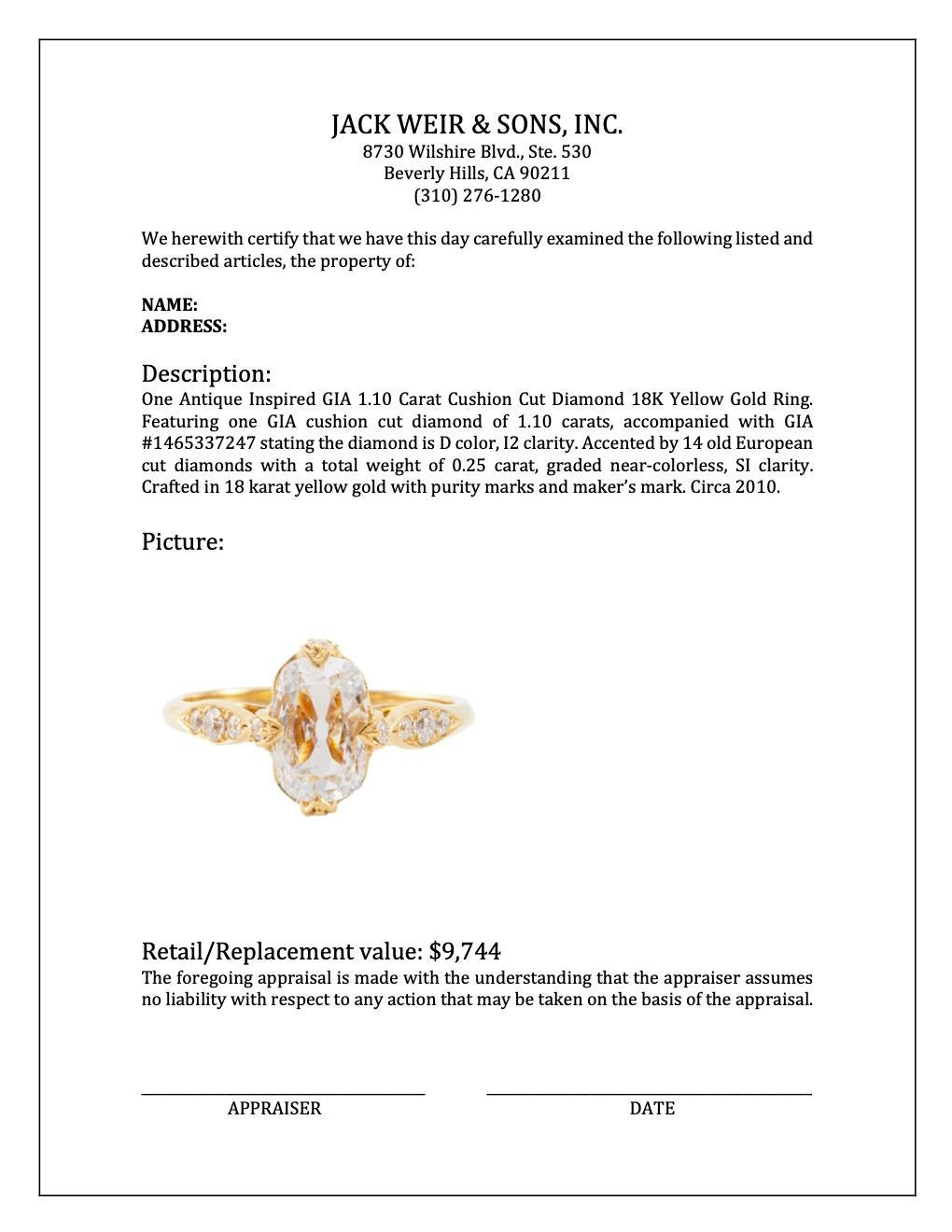 Antique Inspired GIA 1.10 Carat Cushion Cut Diamond 18K Yellow Gold Ring 3