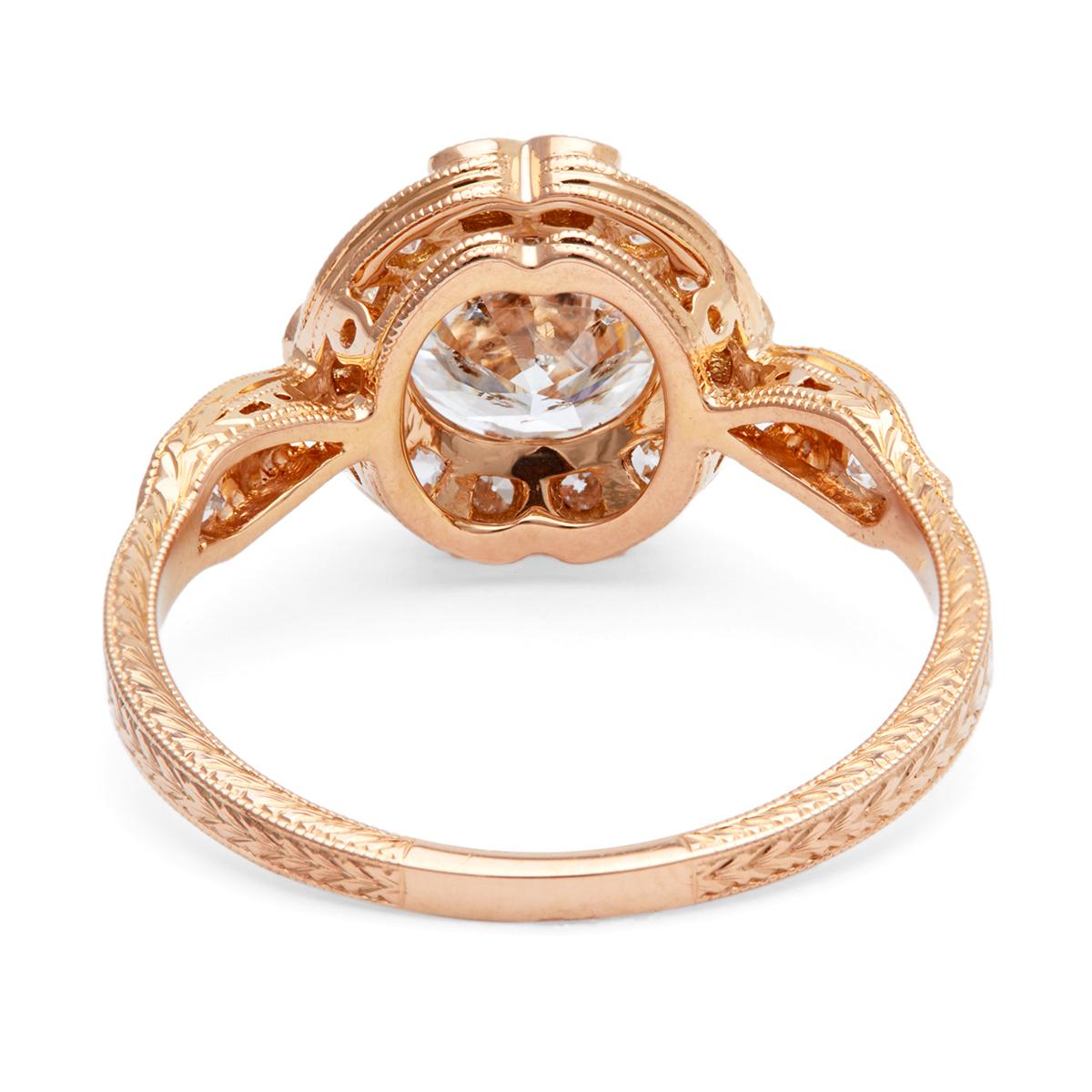 Antique Inspired GIA 1.41 Carats Round Brilliant Cut Diamond 18k Rose Gold Ring For Sale 2
