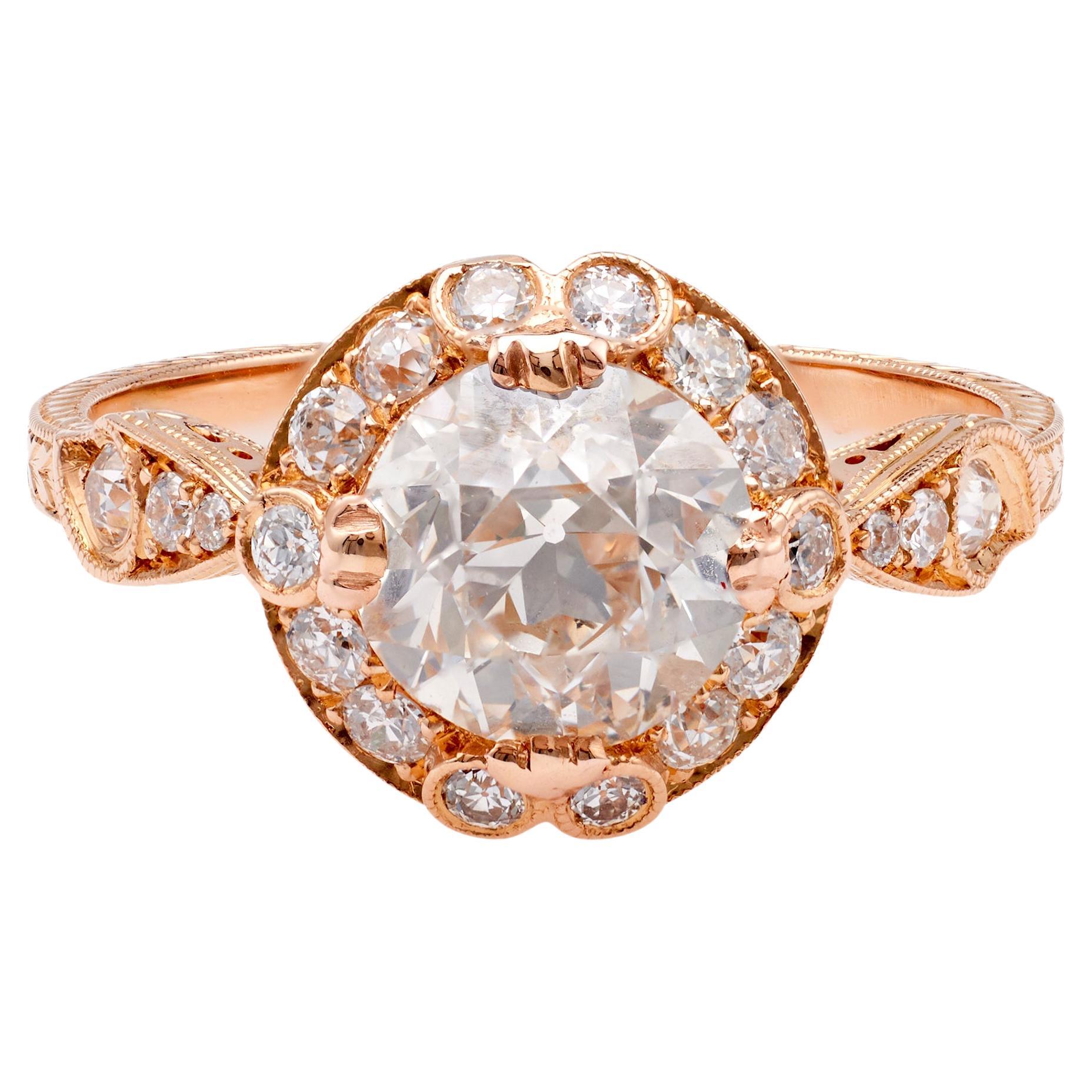 Antique Inspired GIA 1.51 Carats Old European Cut Diamond 18k Rose Gold Filigree For Sale