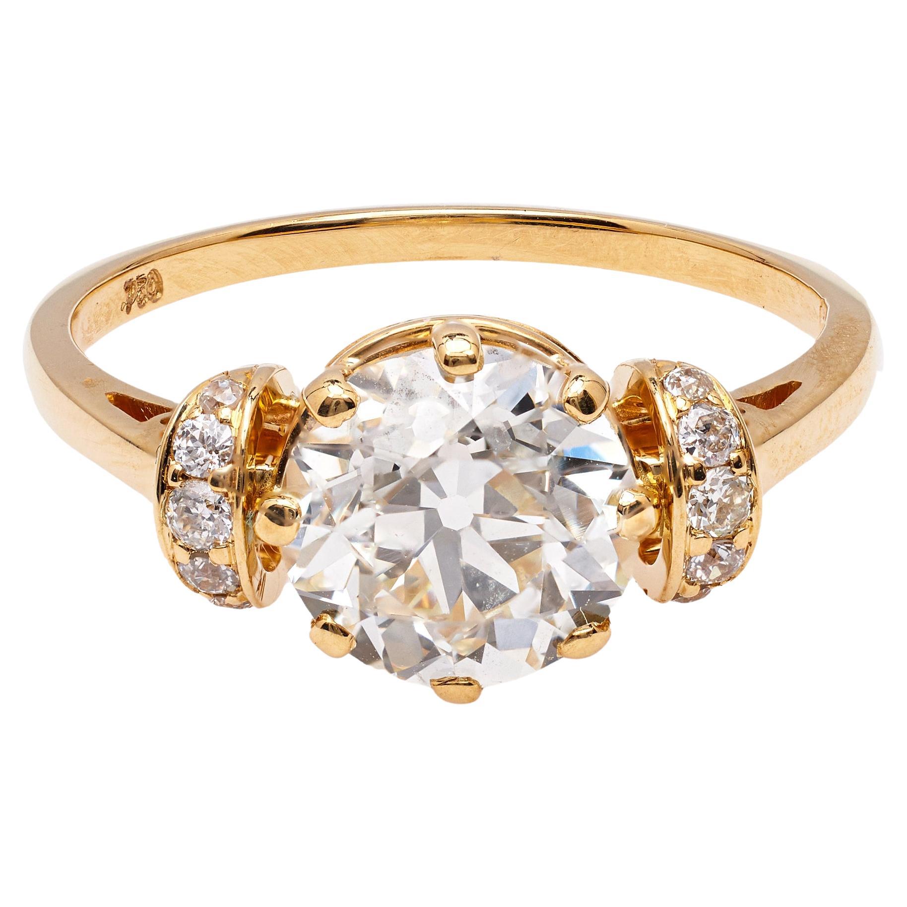 Antique Inspired GIA 1.80 Carat Old European Cut Diamond 18k Yellow Gold Ring For Sale