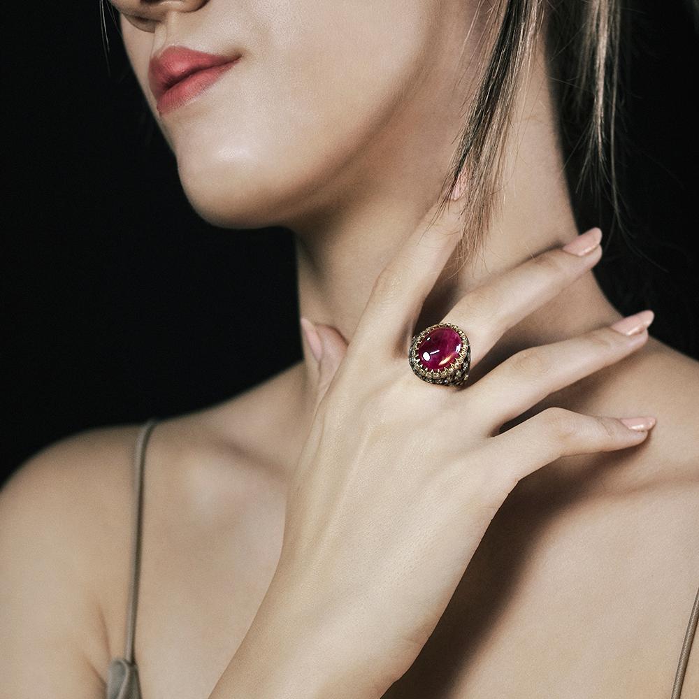 Cabochon Antique Inspired Handcrafted 10, 52 Burmese Ruby Cocktail Ring For Sale