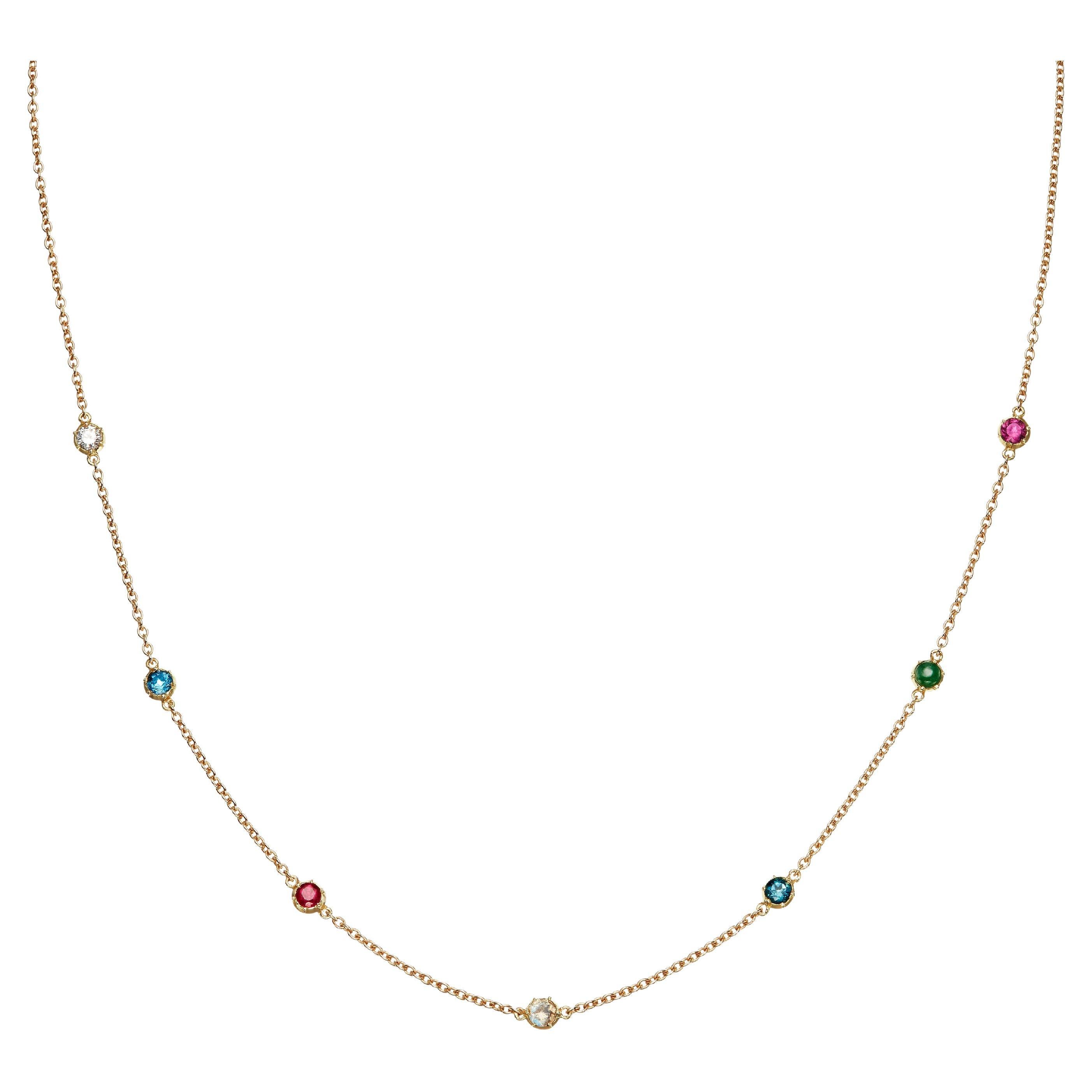 Antike inspirierte Halskette „Darling“ aus Gelbgold mit mehreren Edelsteinen und acrostischem Gelbgold im Angebot