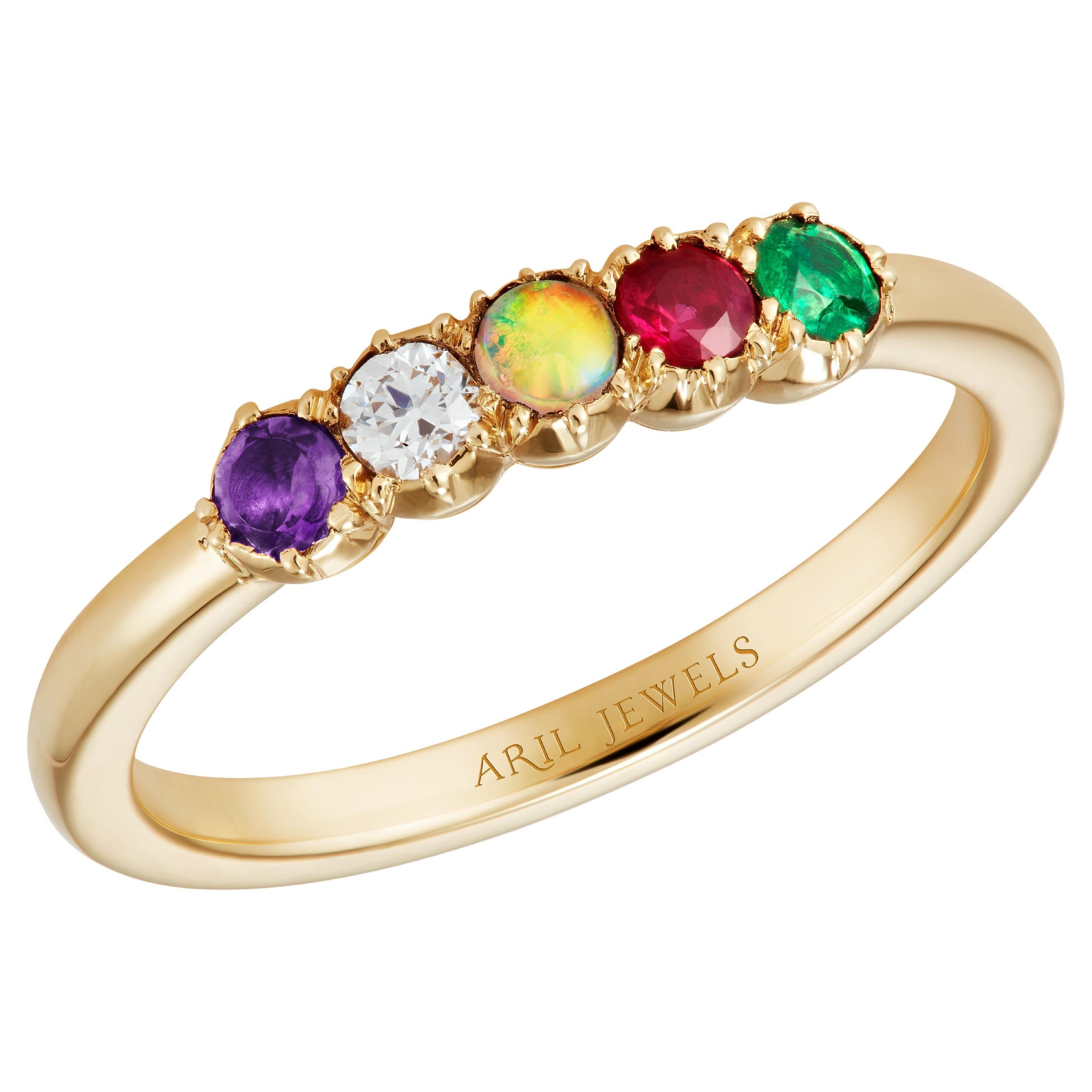 Antiker inspirierter akronischer „Adore“-Ring aus Gelbgold mit mehreren Edelsteinen im Angebot