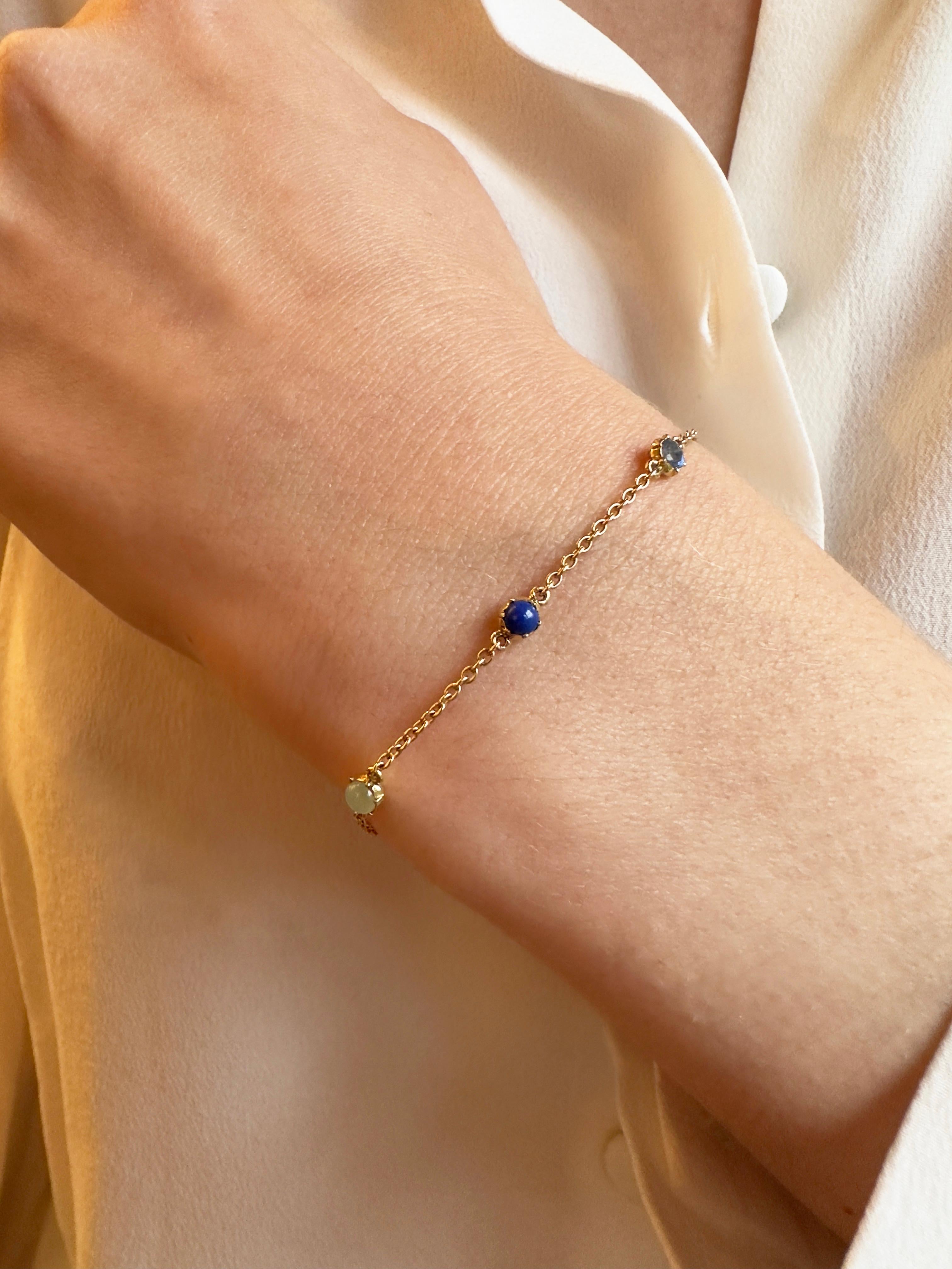 This lovely bracelet hides a secret acrostic message, meaning the first letter of each gemstone spells out a word. In this case, there's a Labradorite, Ultramarine (lapis lazuli), Chrysoprase, Kyanite, and Yellow sapphire to spell out 