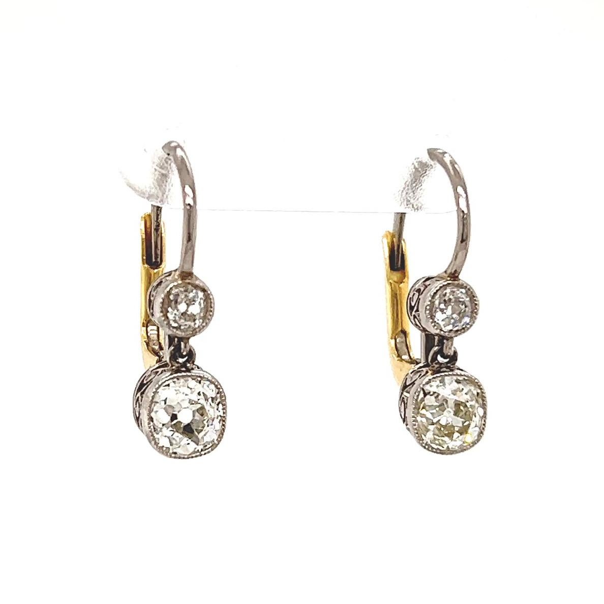 Women's or Men's Antique Inspired Old Mine Cut Diamond Platinum Drop Earrings For Sale