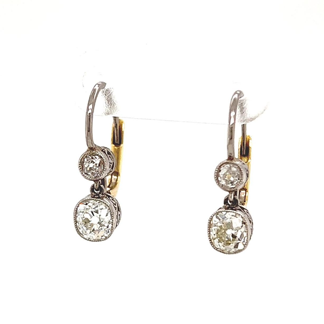 Antique Inspired Old Mine Cut Diamond Platinum Drop Earrings For Sale 1