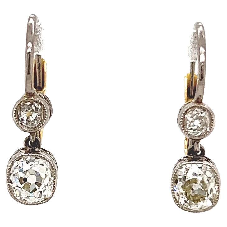 Antique Inspired Old Mine Cut Diamond Platinum Drop Earrings For Sale