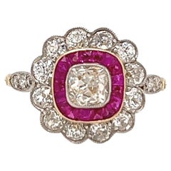 Antique Inspired 0.53 Carat Old Mine Cut Diamond Ruby Gold Cluster Ring