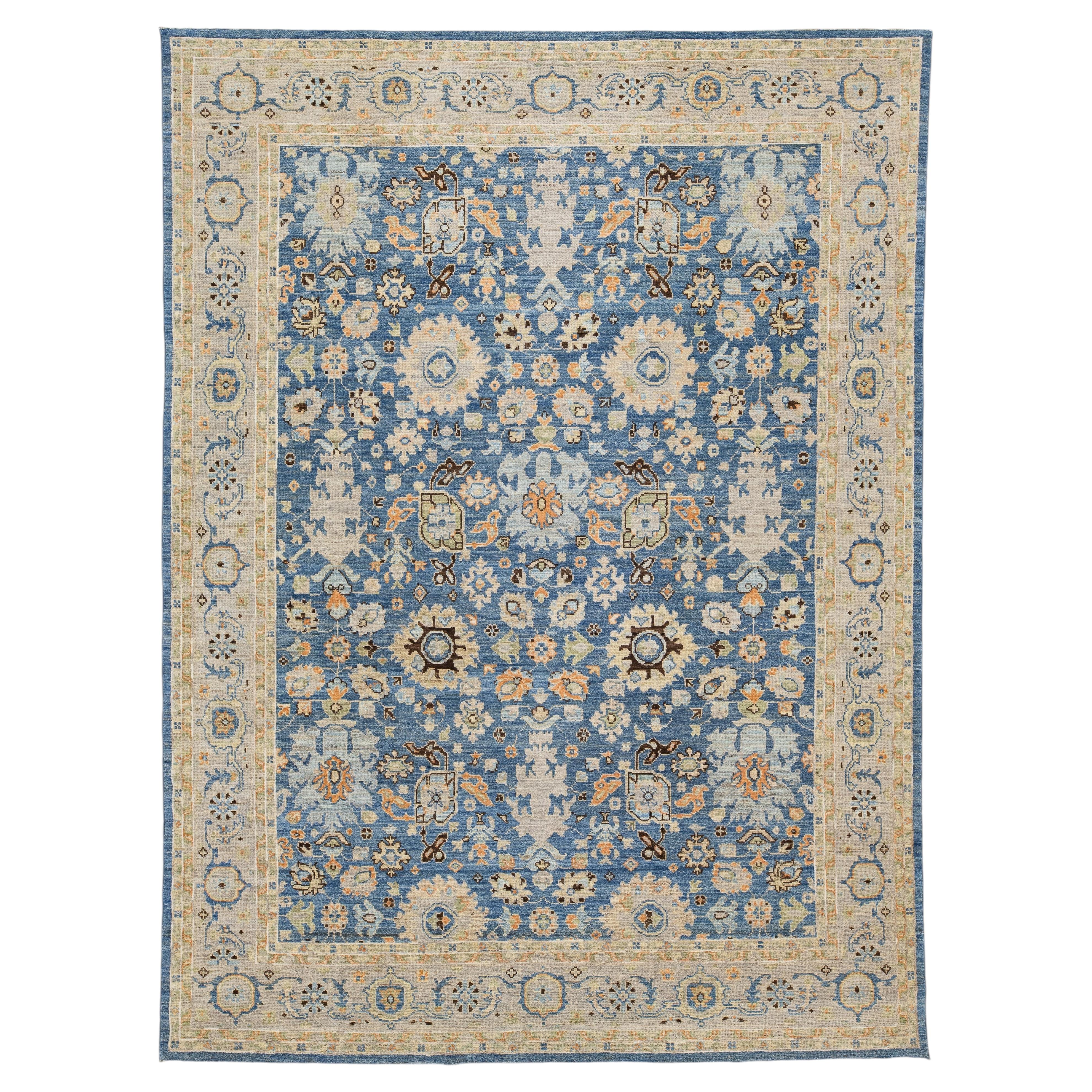 Antique-Inspired Oushak Style Hand-Knotted Wool Area Rug in Vibrant Cobalt & Ivo