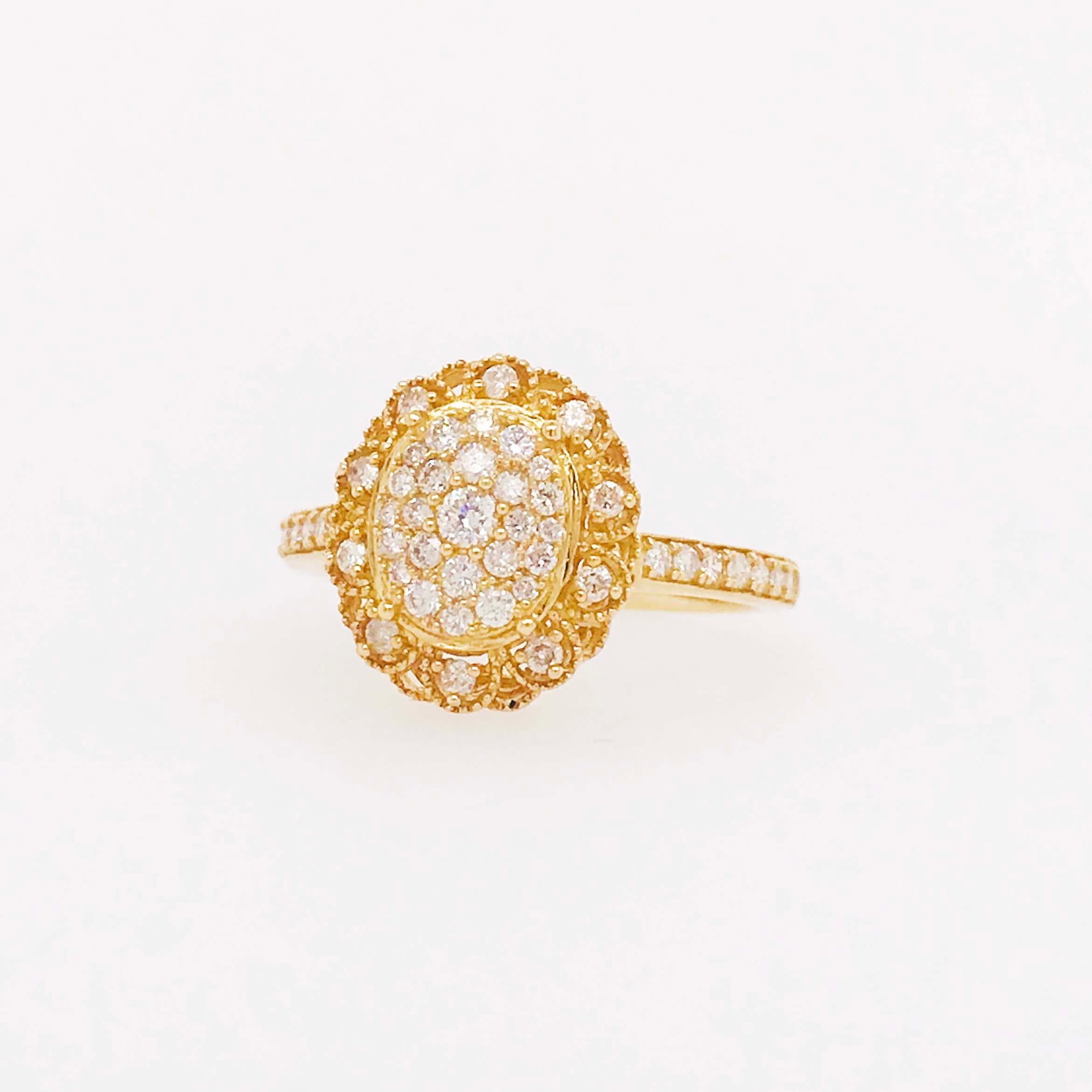 Antique Inspired Oval Pave 1/2 Carat Diamond Engagement Ring in Yellow Gold 2