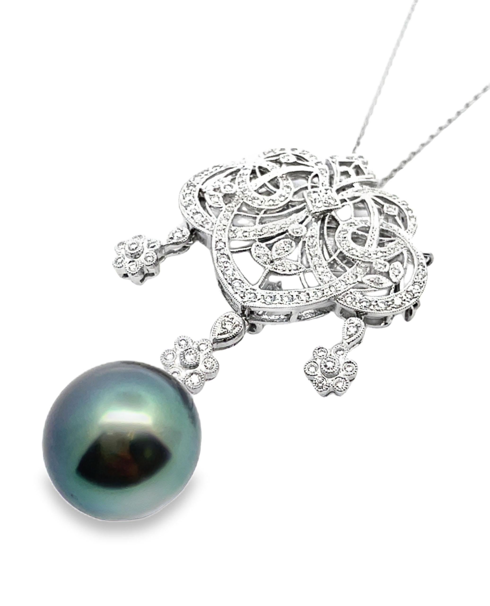 Antike inspirierte Anhänger-Halskette, Südsee-Tahiti-Perle in 18K Weißgold im Angebot 2