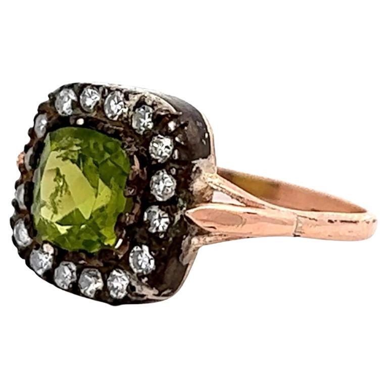 Women's or Men's Antique Inspired Peridot Diamond Silver 14 Karat Rose Gold Ring