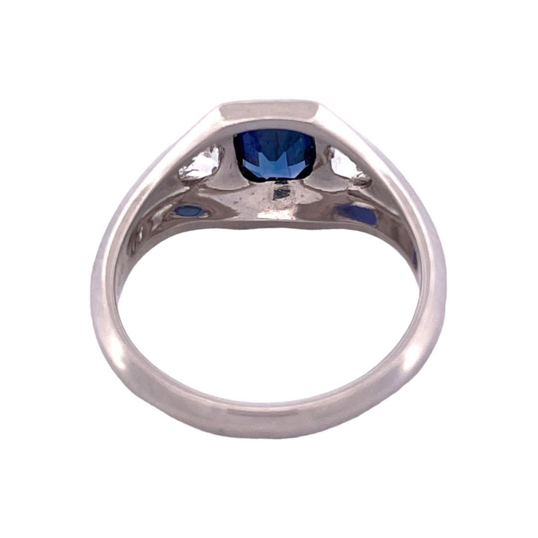 Cushion Cut Antique Inspired Platinum Blue Sapphire and White Diamond Ring For Sale