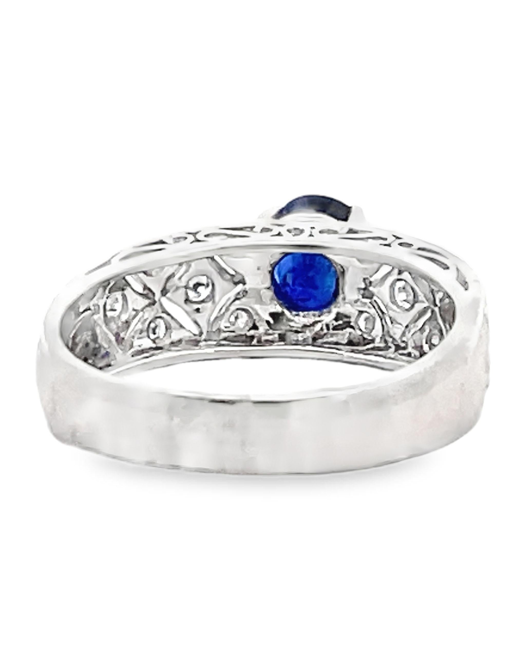 Contemporary Antique Inspired Platinum Diamond & Sapphire Ring For Sale