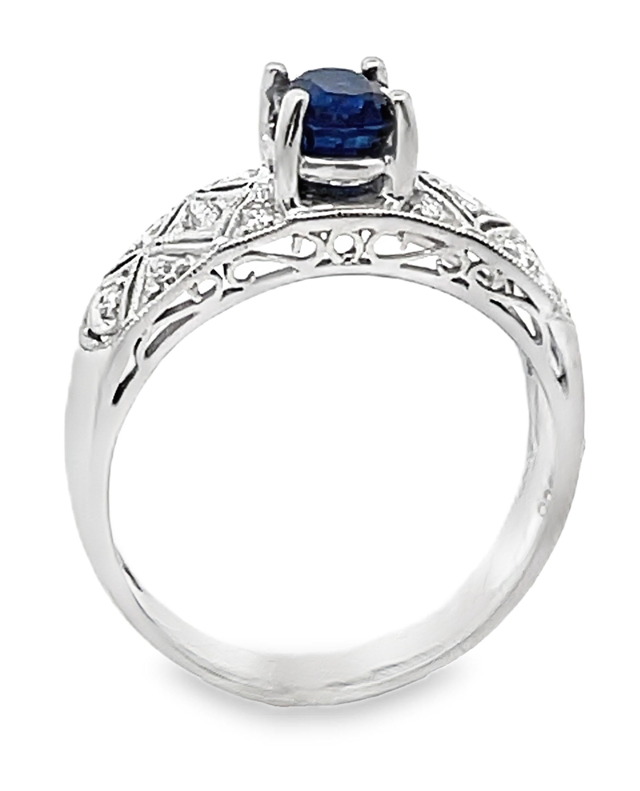 Round Cut Antique Inspired Platinum Diamond & Sapphire Ring For Sale