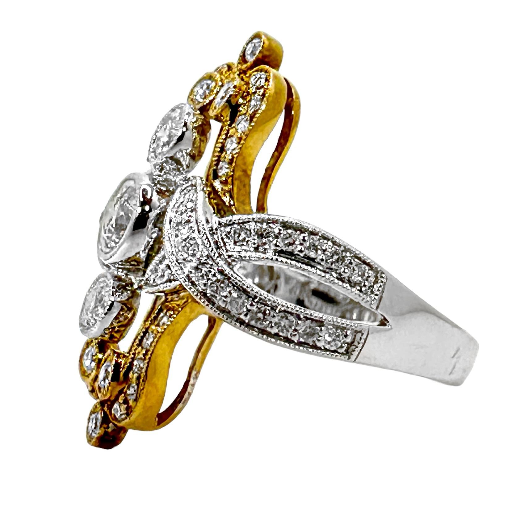 Bague d'inspiration ancienne en or jaune et blanc 18 carats avec diamants en vente 2