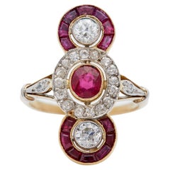 Antique Inspired Ruby and Diamond 18k Yellow Gold Platinum Ring