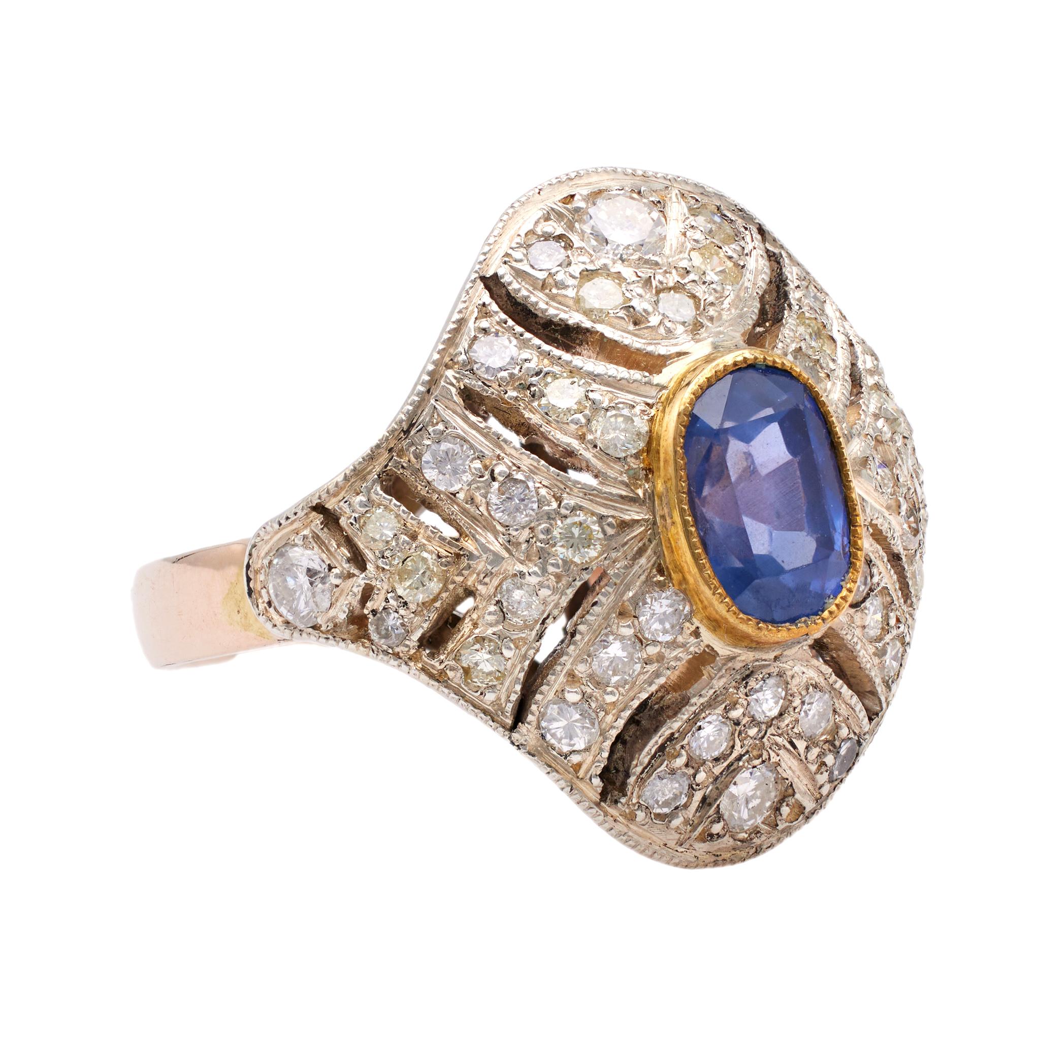 Women's or Men's Antique Inspired Sapphire and Diamond 10k Rose Gold Silver Ring For Sale
