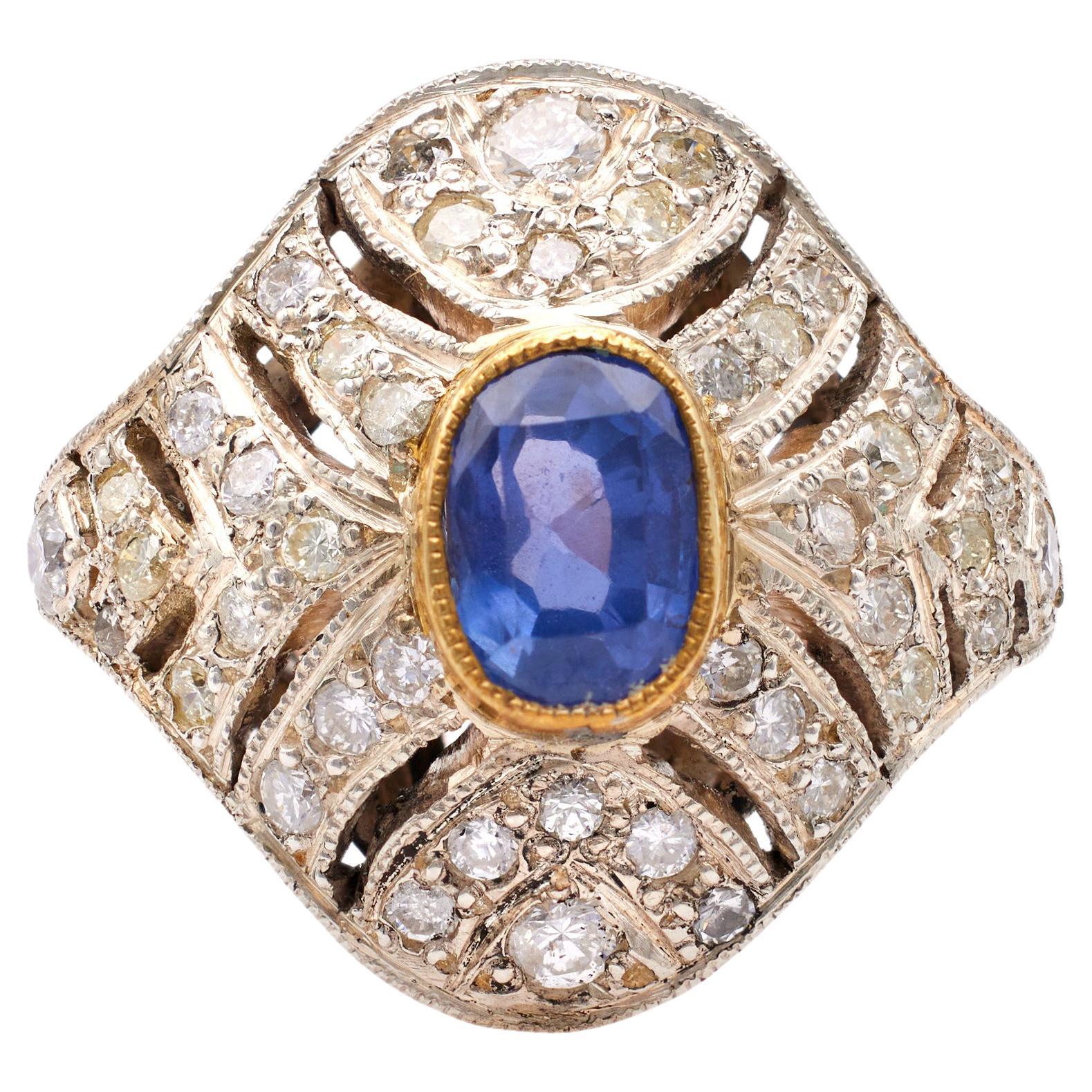 Antique Inspired Sapphire and Diamond 10k Rose Gold Silver Ring For Sale