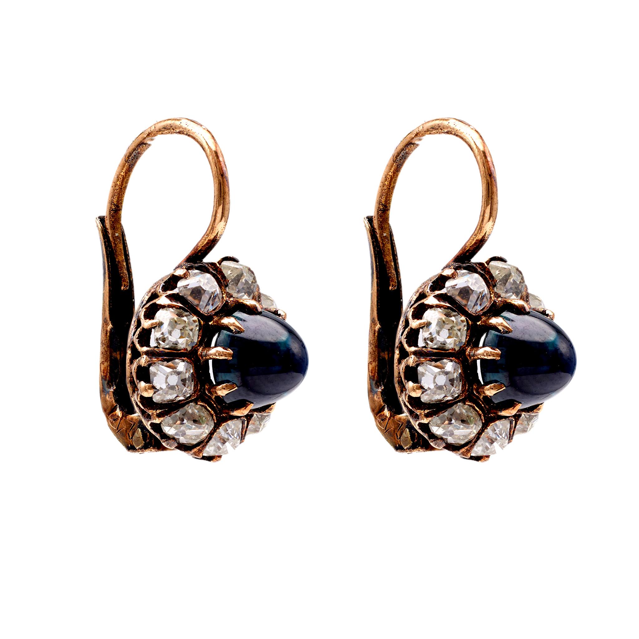 Women's or Men's Antique Inspired Sapphire Diamond 18k Rose Gold Cluster Earrings For Sale