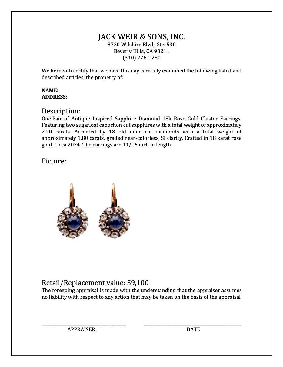 Antique Inspired Sapphire Diamond 18k Rose Gold Cluster Earrings For Sale 1