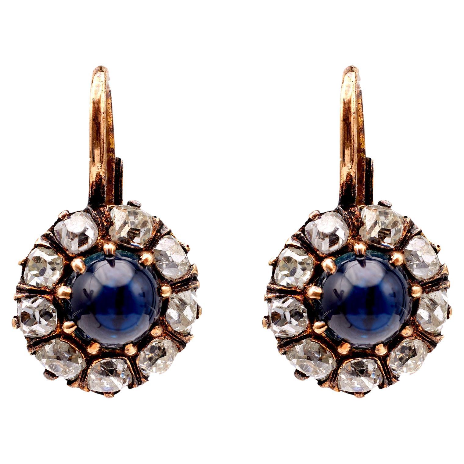 Antique Inspired Sapphire Diamond 18k Rose Gold Cluster Earrings For Sale