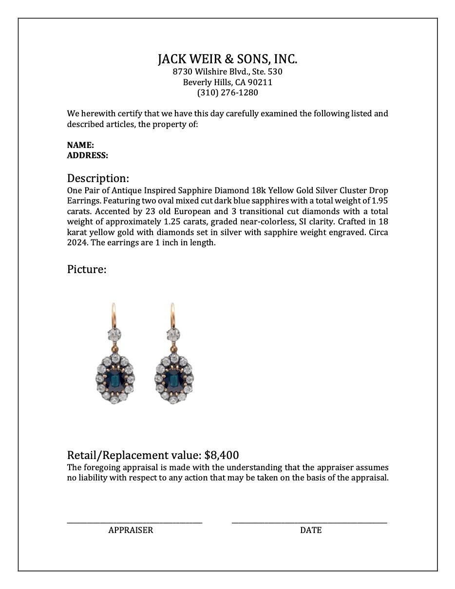 Antike inspirierte Saphir-Diamant-Cluster-Tropfen-Ohrringe aus 18k Gelbgold und Silber im Angebot 1