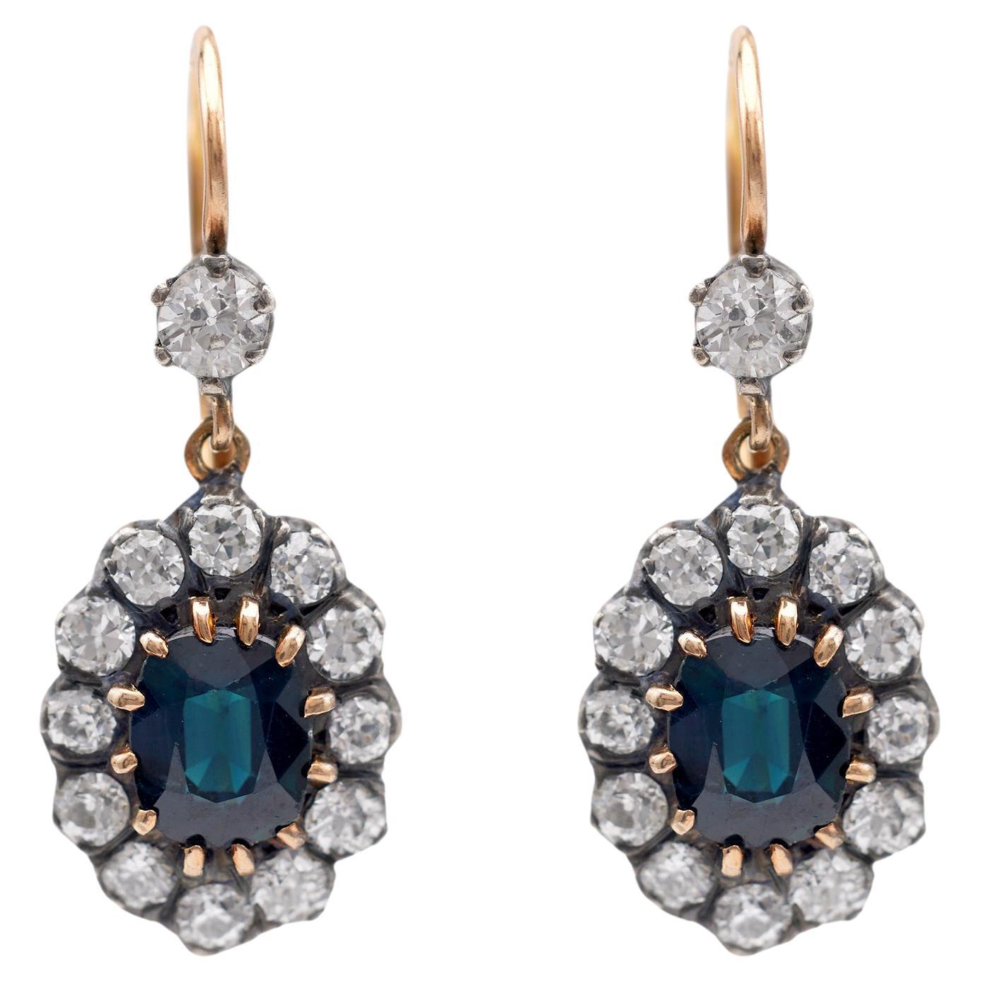 Antique Inspired Sapphire Diamond 18k Yellow Gold Silver Cluster Drop Earrings For Sale