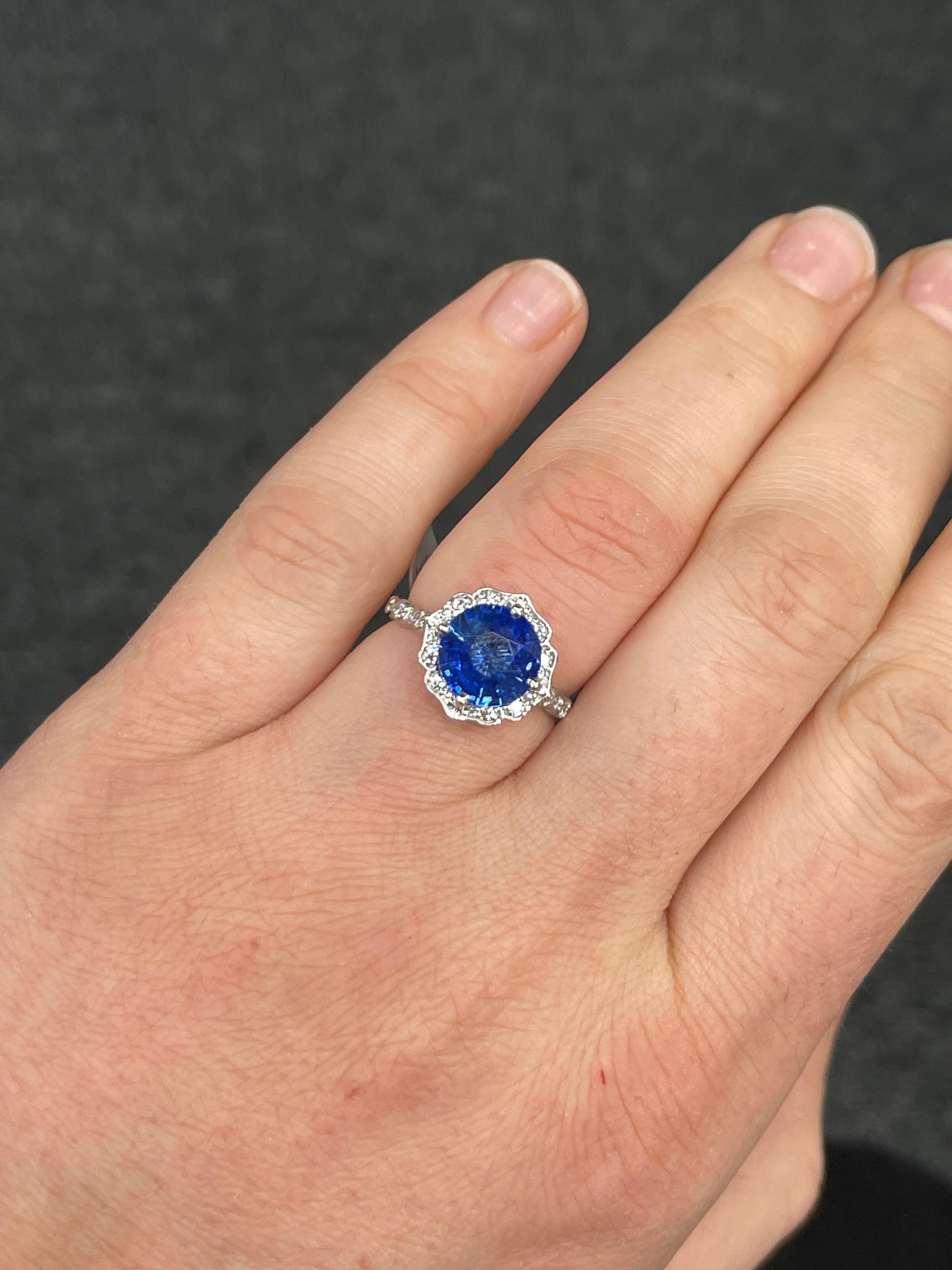 Antique Inspired Sapphire Diamond Halo Ring 4.07 Carats 14 Karat White Gold For Sale 7