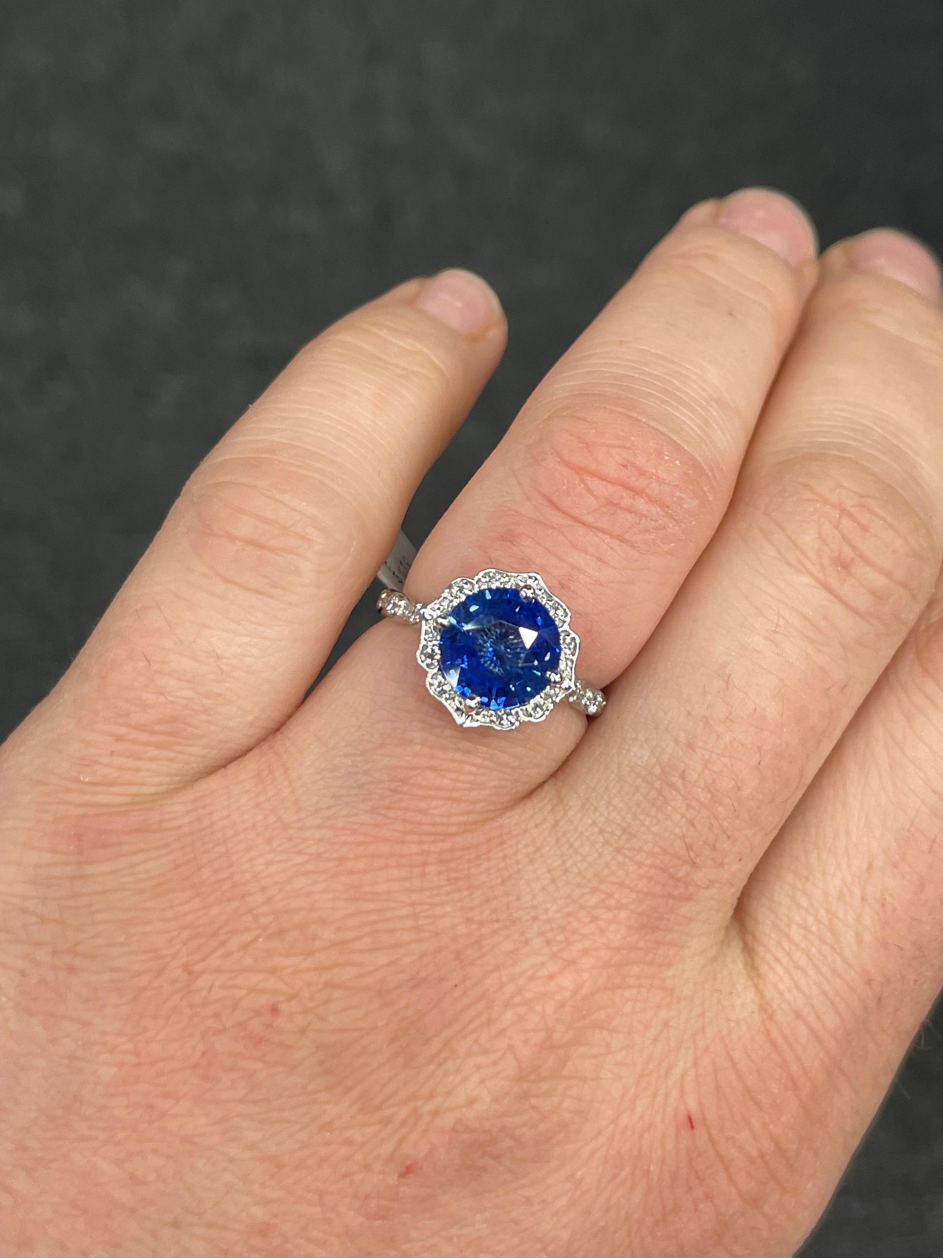 Antique Inspired Sapphire Diamond Halo Ring 4.07 Carats 14 Karat White Gold For Sale 8