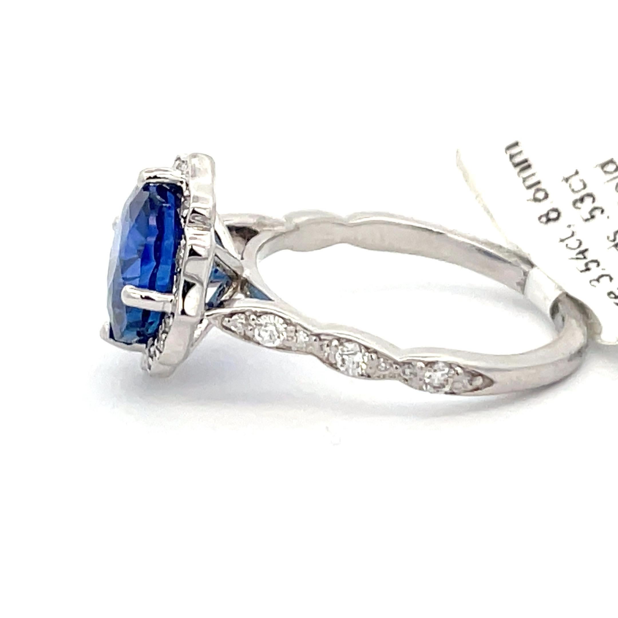 Contemporary Antique Inspired Sapphire Diamond Halo Ring 4.07 Carats 14 Karat White Gold For Sale