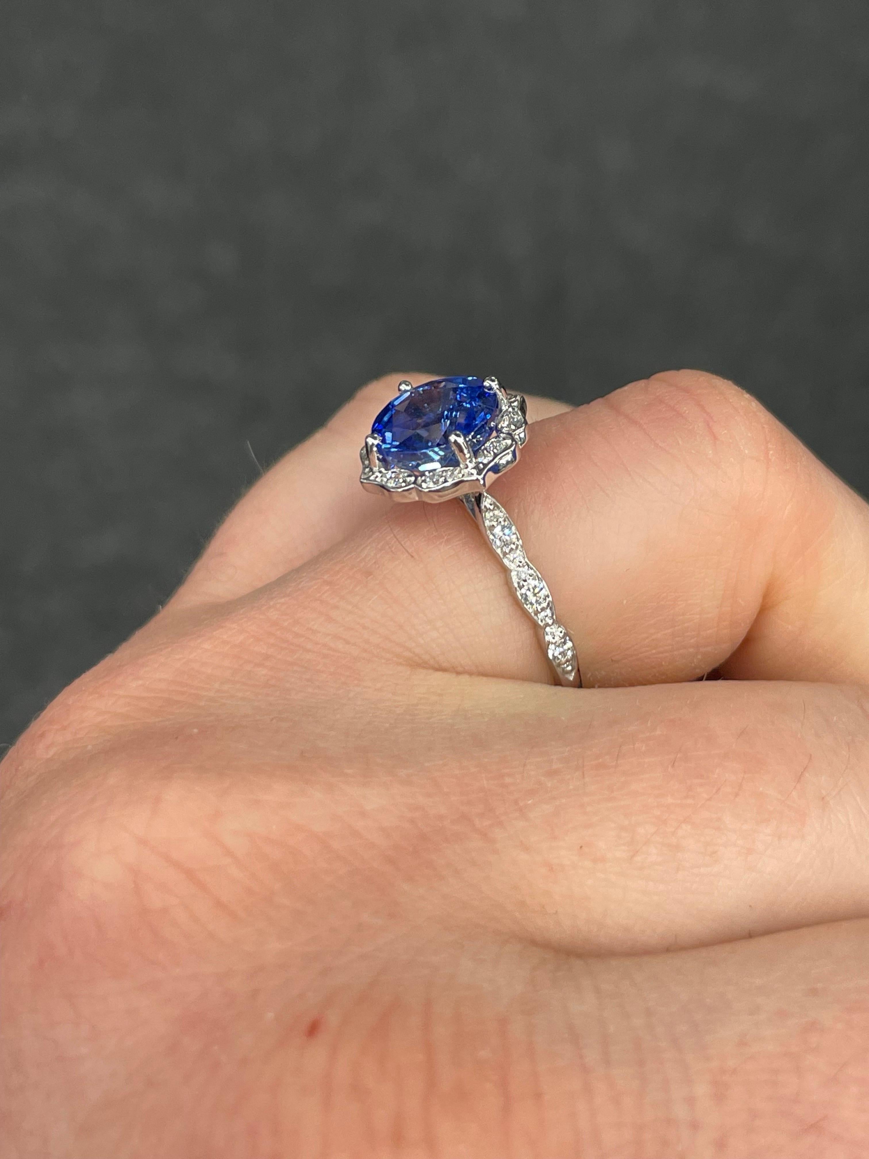 Women's Antique Inspired Sapphire Diamond Halo Ring 4.07 Carats 14 Karat White Gold For Sale