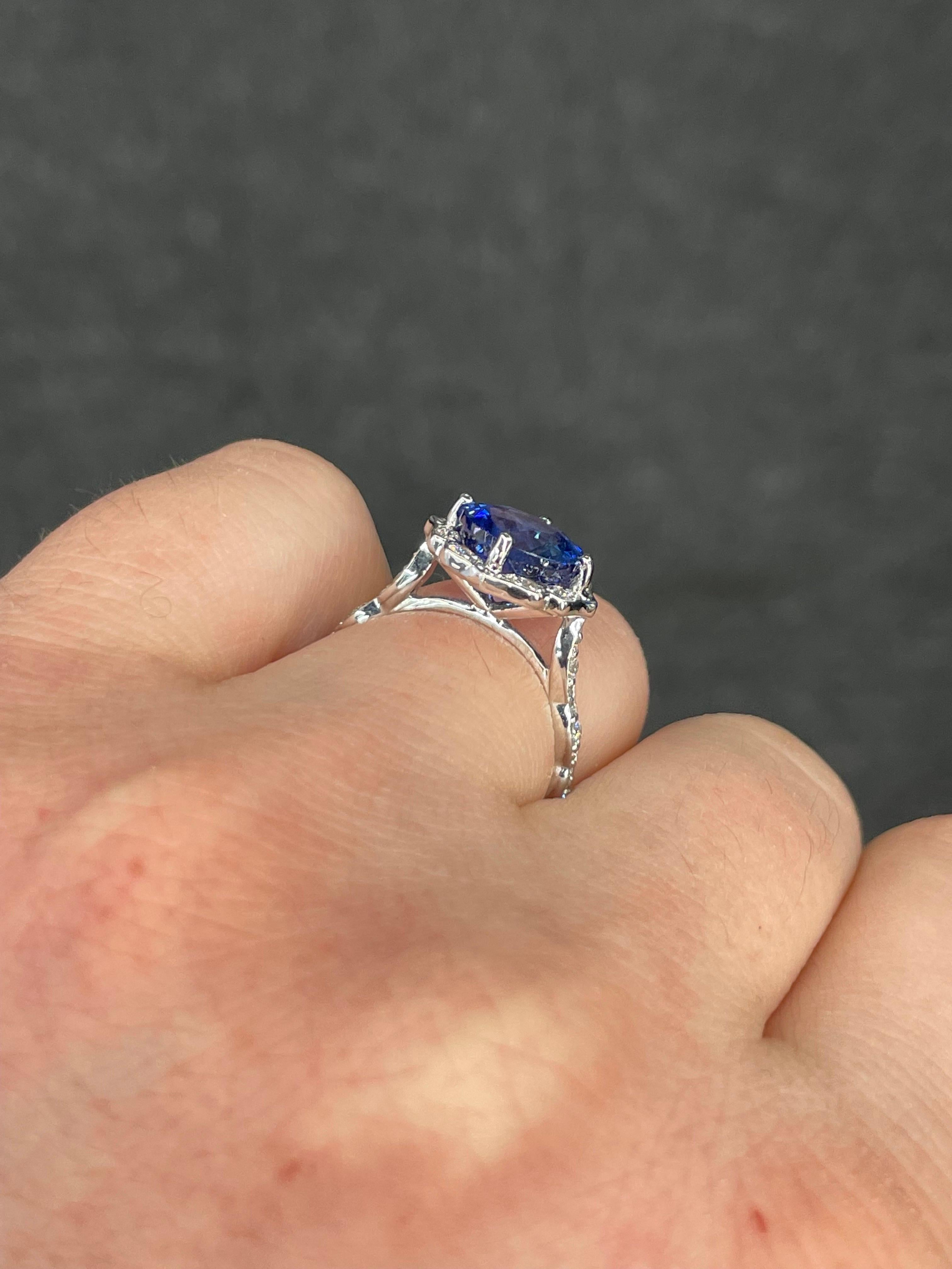 Antique Inspired Sapphire Diamond Halo Ring 4.07 Carats 14 Karat White Gold For Sale 1
