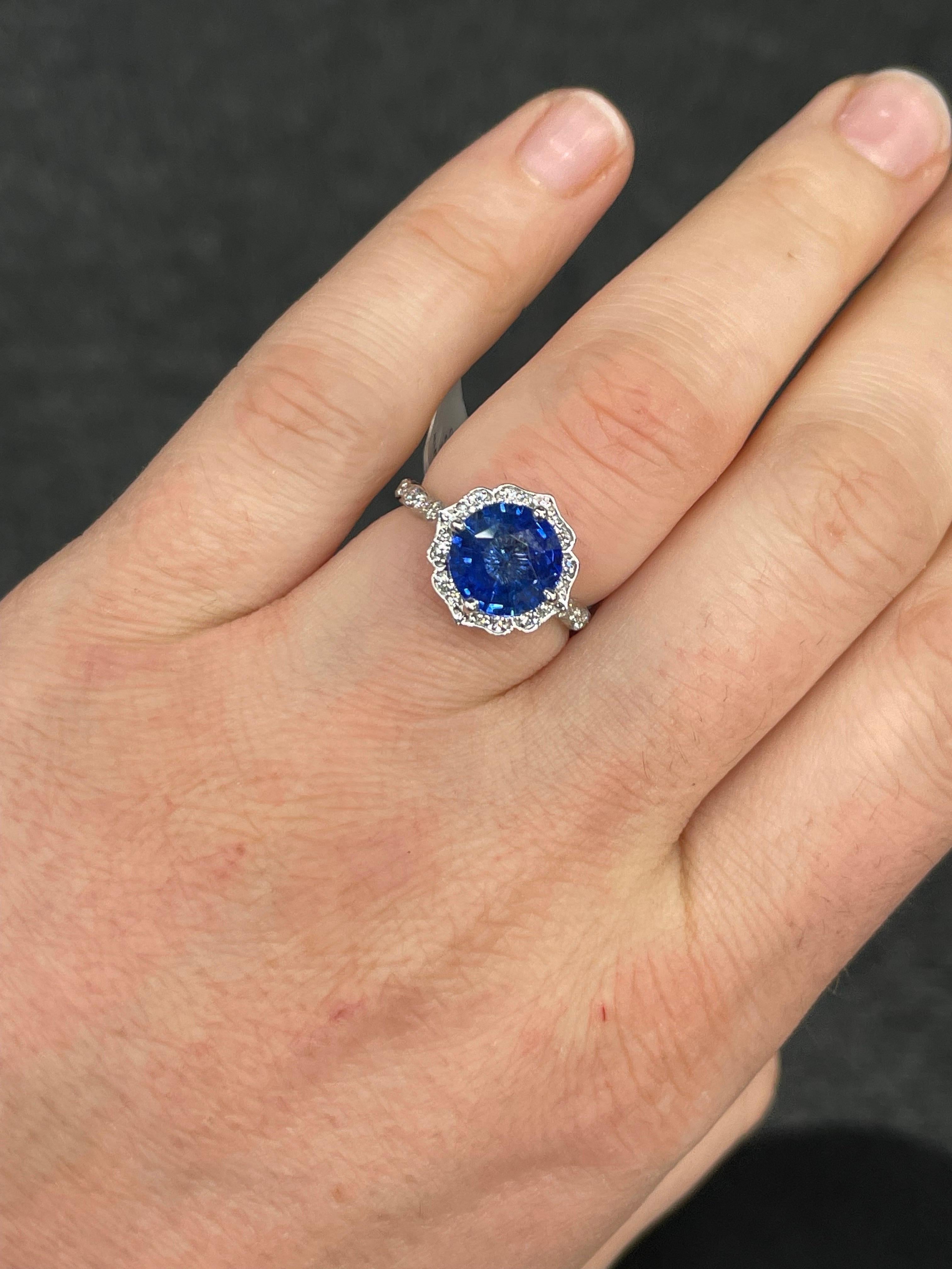 Antique Inspired Sapphire Diamond Halo Ring 4.07 Carats 14 Karat White Gold For Sale 2