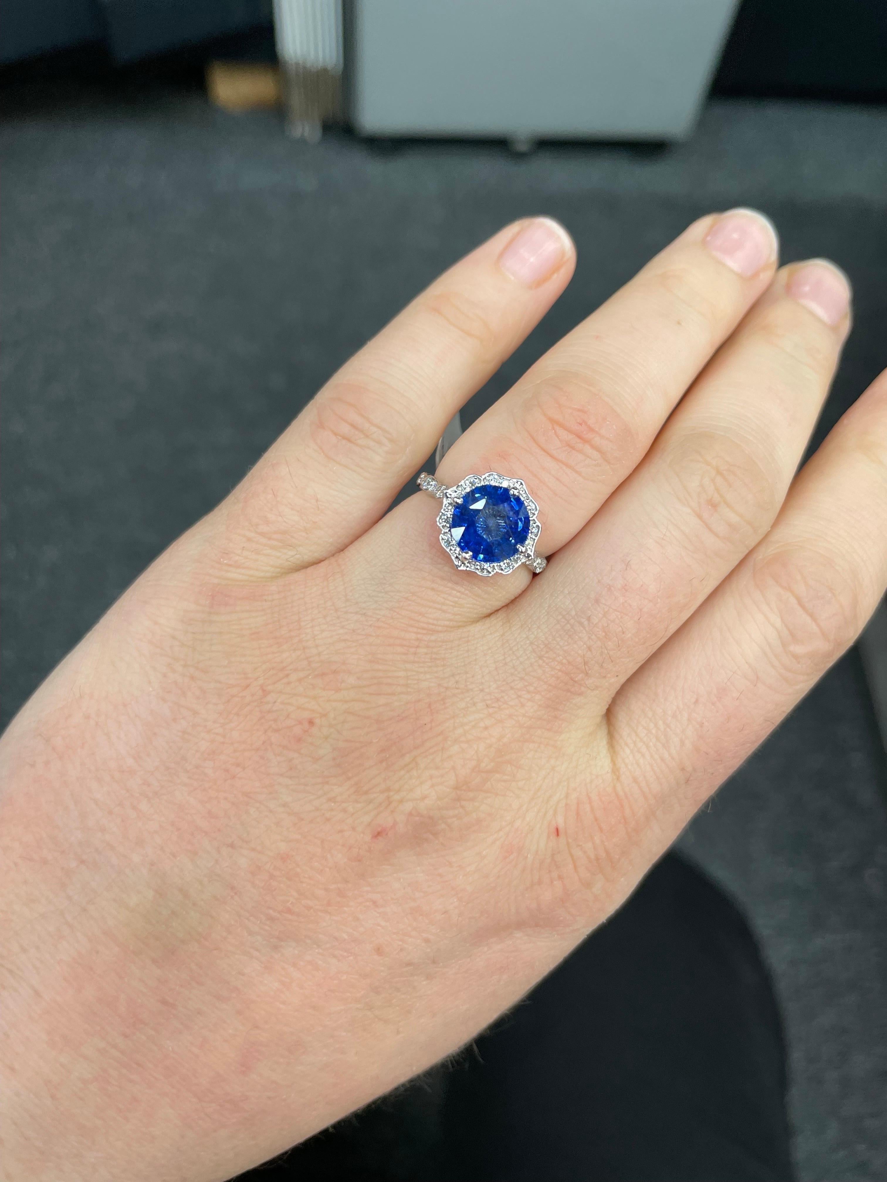 Antique Inspired Sapphire Diamond Halo Ring 4.07 Carats 14 Karat White Gold For Sale 3