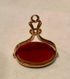 Antique Intaglio Gold Spinner Fob Pendant Un-Carved Carnelian and Black Agate