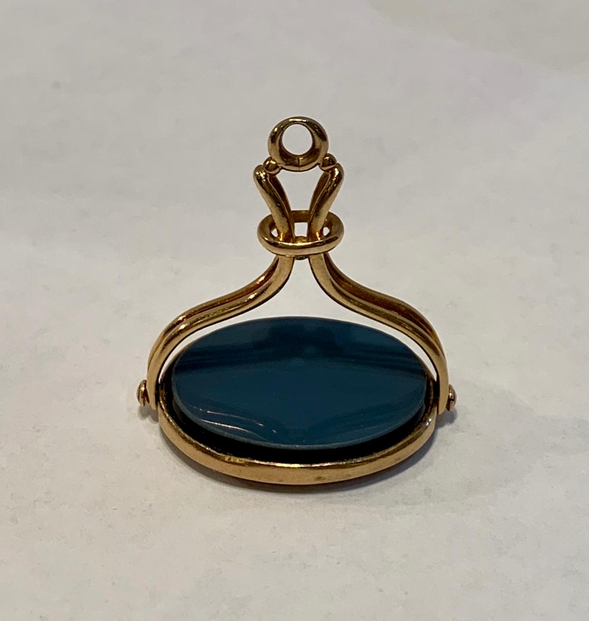 Early Victorian Antique Intaglio Gold Spinner Fob Pendant Un-Carved Carnelian and Black Agate