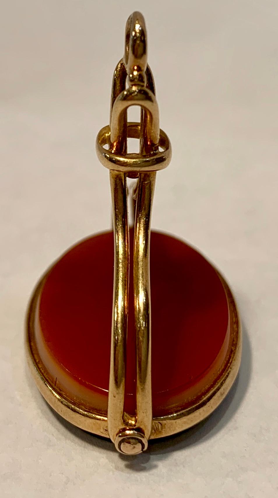 Oval Cut Antique Intaglio Gold Spinner Fob Pendant Un-Carved Carnelian and Black Agate