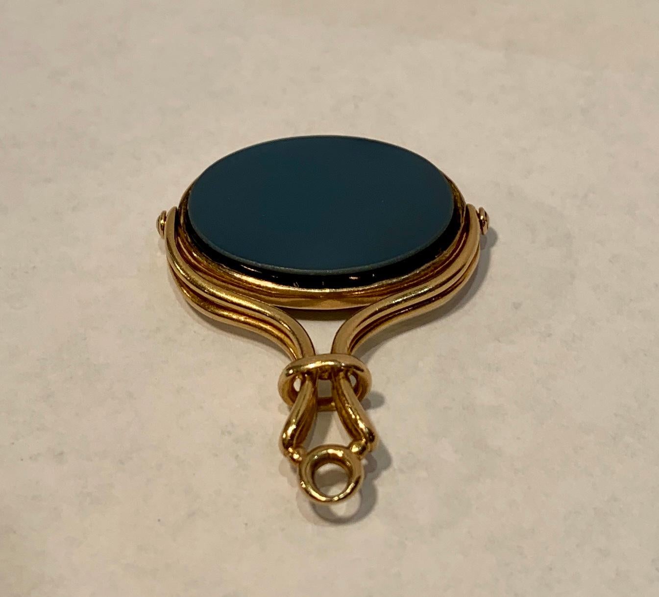 Antique Intaglio Gold Spinner Fob Pendant Un-Carved Carnelian and Black Agate In Good Condition In Tustin, CA
