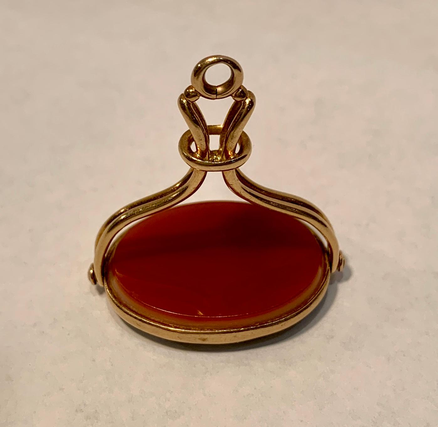 Women's or Men's Antique Intaglio Gold Spinner Fob Pendant Un-Carved Carnelian and Black Agate