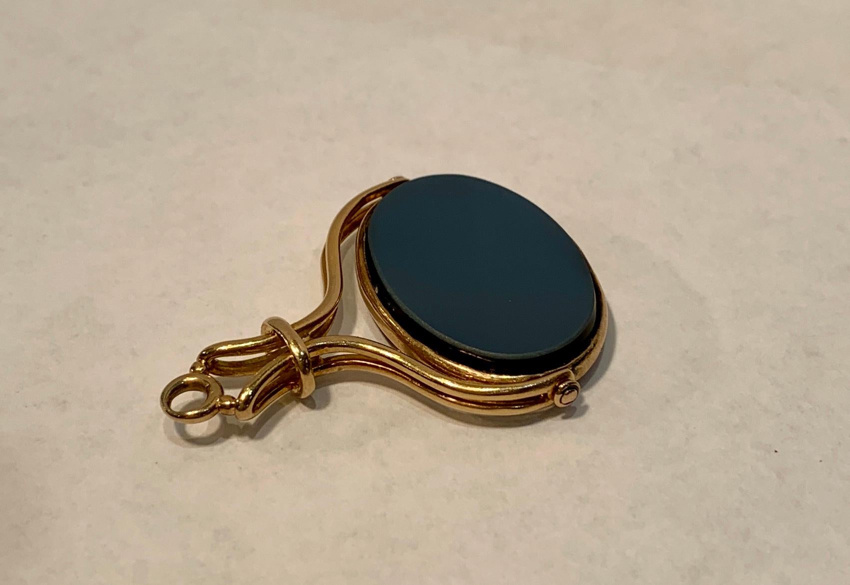 Antique Intaglio Gold Spinner Fob Pendant Un-Carved Carnelian and Black Agate 1