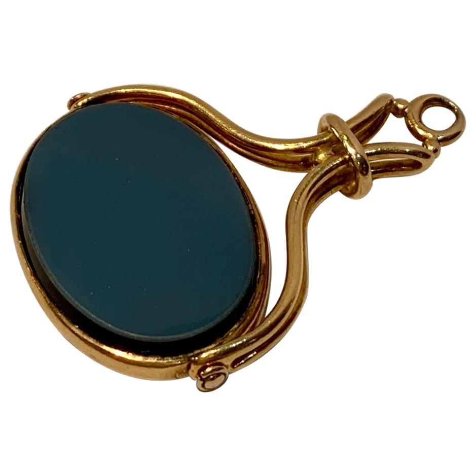 Antique Intaglio Gold Spinner Fob Pendant Un-Carved Carnelian and Black Agate