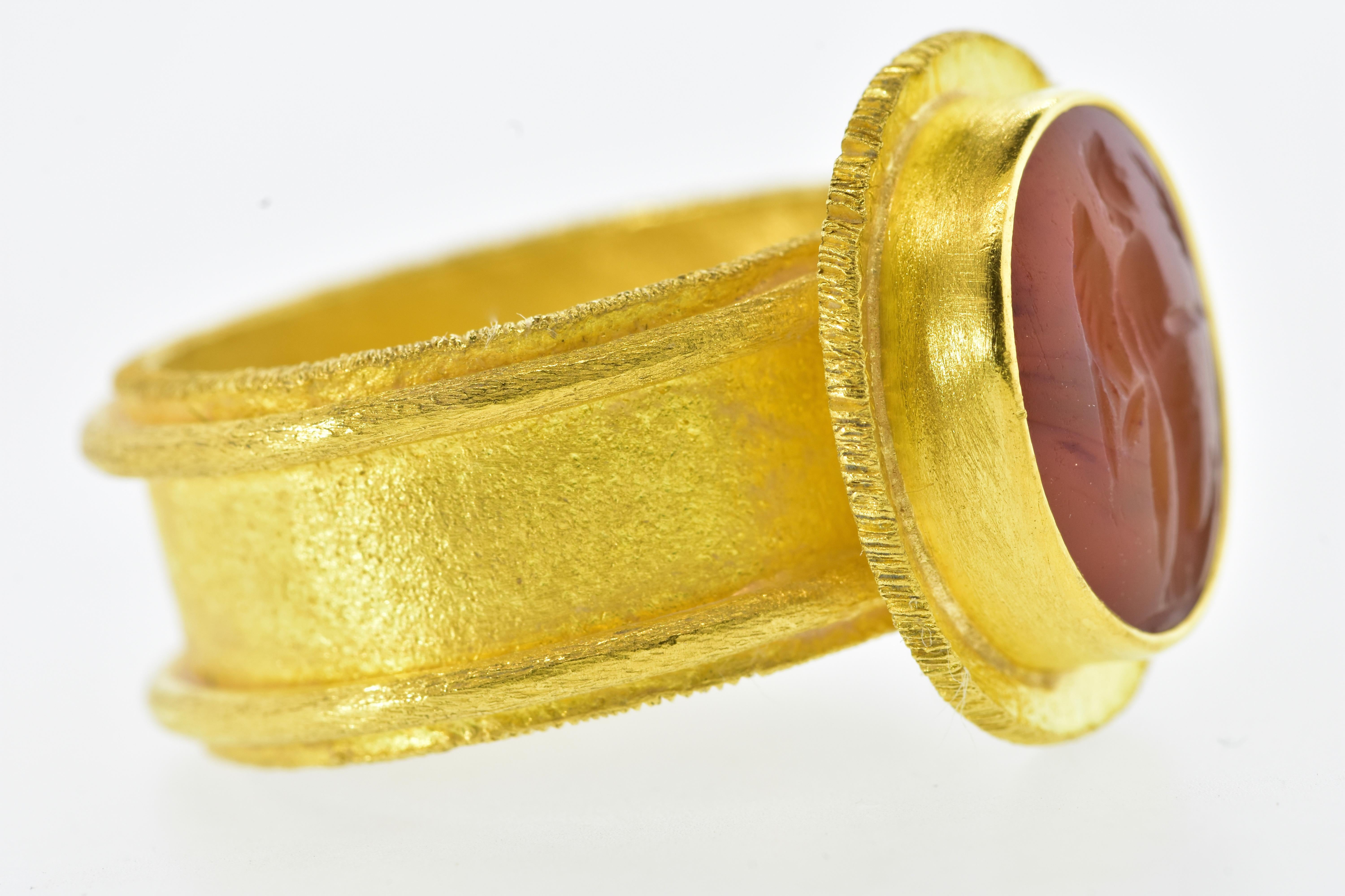 Women's or Men's Antique Intaglio set in a 22K Yellow Gold Contemporary Ring For Sale